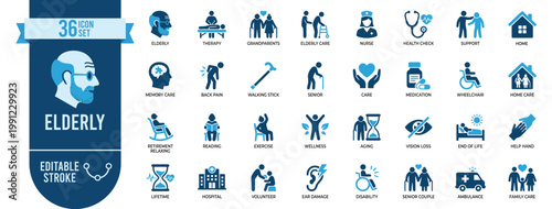 Elderly care and senior living icon set. Editable stroke. Retirement, wheelchair, medication, home care, walking stick, dementia memory and family support vector line symbols