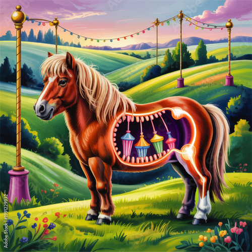 Surreal fantasy horse with glowing carousel interior in rolling countryside at sunset, whimsical digital painting landscape