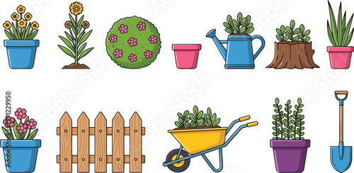 Spring gardening vector icon set featuring 12 botanical symbols including flower pots picket fence wheelbarrow and garden tools in a flat style.