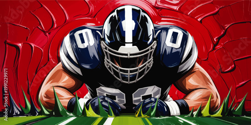 Powerful American football player in defensive stance on field, bold sports illustration with red cracked background