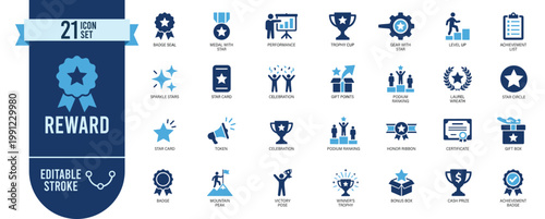 Reward and achievement icon set. Editable stroke. Medal, trophy cup, star badge, certificate, gift box, level up and honor ribbon vector line symbols. For gamification UI