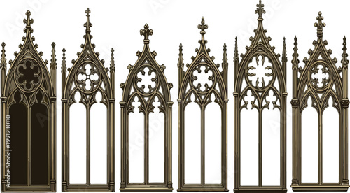  Gothic window frame set, hand drawn medieval cathedral doorway border, vintage church entrance art. Decorative castle portal, ancient architecture exterior design elements. Mystic gothic window print