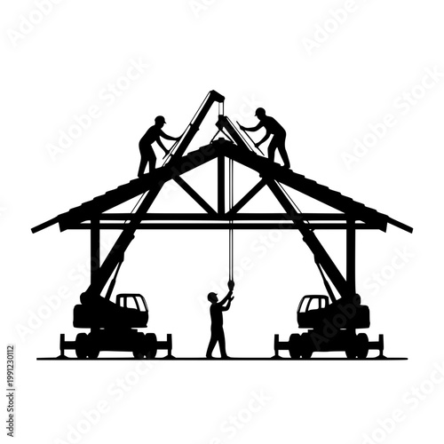Silhouette of construction workers building a roof with cranes