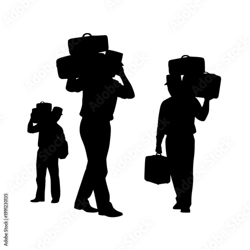 Silhouette of People Carrying Multiple Suitcases and Luggage Bags
