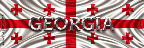 Georgia Flag with Metallic Typography Illustration, Waving National Banner Background with Bold 3D Georgia Text Design