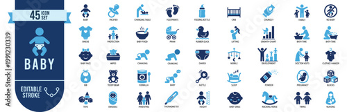 Baby icons set. Editable stroke. Infant, newborn, maternity and childcare vector line symbols. Minimalist thin line art collection for UI, web, and design