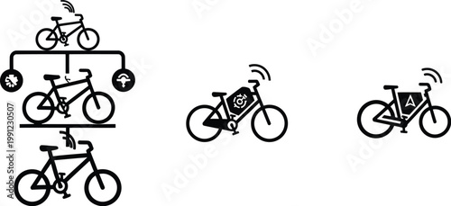 Black and white line drawing depicting various bicycle and cyclist illustrations in different poses