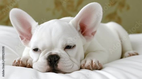 Adorable white French Bulldog puppy lies relaxed on a soft bed looking slightly melancholic with large expressive ears and soulful eyes