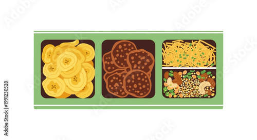 Set of assorted Indian snacks and crunchy food items in rectangular containers.