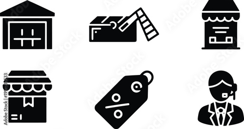 Black silhouette icons representing retail sales and business concepts in a minimalist style