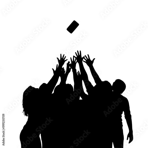 silhouette of a crowd reaching for a falling smartphone on white background