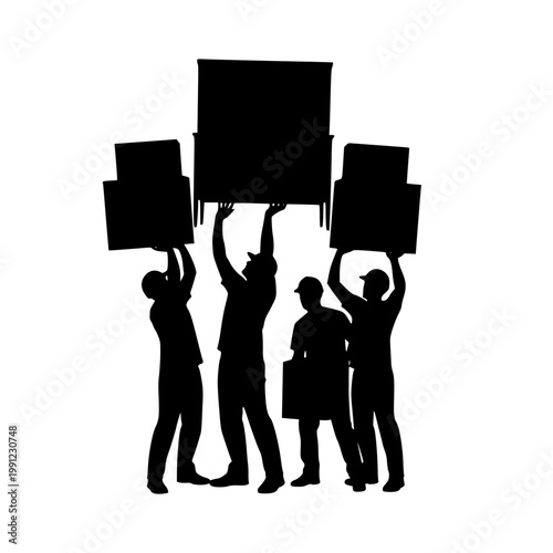 Silhouette of moving company workers lifting boxes and furniture together