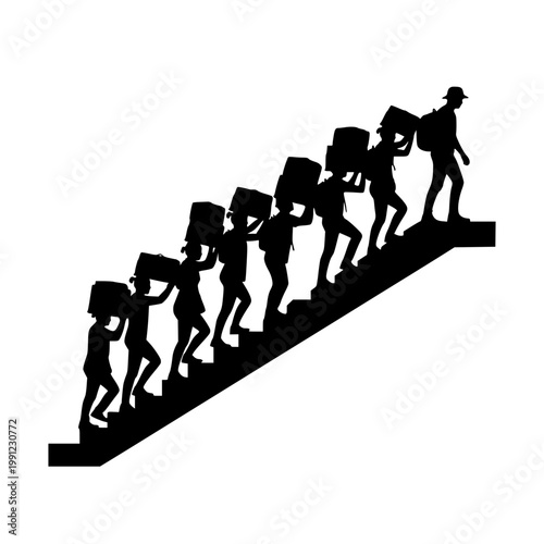 Silhouette of refugees or workers carrying heavy boxes up stairs