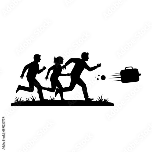 Silhouette of People Chasing a Flying Suitcase