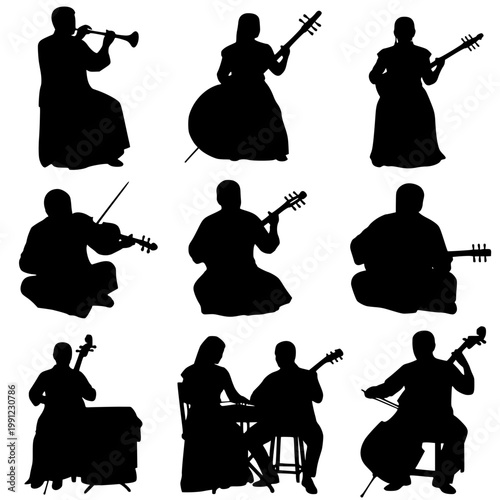 Silhouettes of musicians playing traditional string and wind instruments