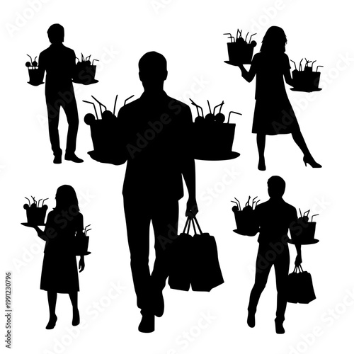 Silhouettes of People Carrying Cocktail Trays and Shopping Bags on White Background