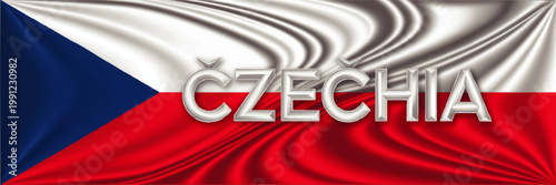 Czechia text over glossy Czech Republic flag with silver metallic lettering, patriotic national banner background design