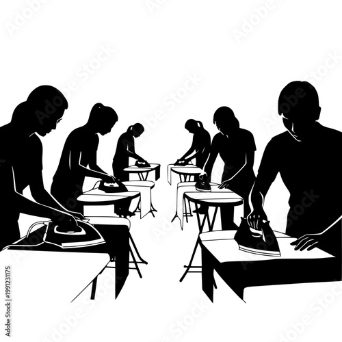 Silhouette Illustration of Garment Factory Workers Ironing Clothes