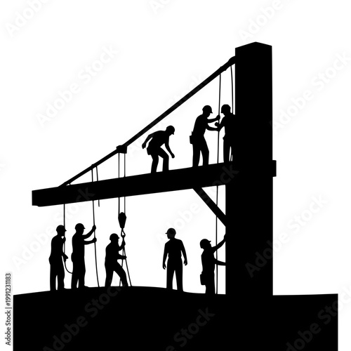 Silhouette of construction workers on building site working together as a team
