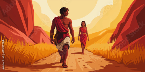 Ancient travelers walking through desert canyon at sunset, heroic man and woman in classical robes, warm vintage vector illustration