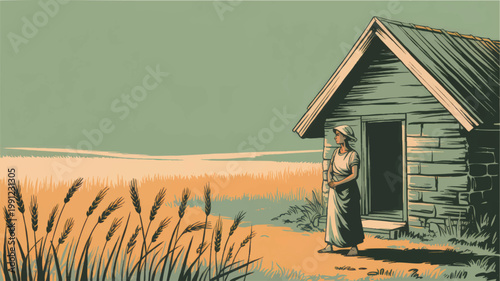 Vintage rural farmhouse illustration with woman standing by wooden cabin in wheat field, pastoral countryside landscape scene