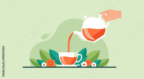 Pouring Tea International Tea Day Flat Vector Illustration
