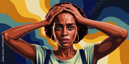 Stressed woman holding head in anxiety and mental health crisis, expressive pop art portrait with colorful abstract background