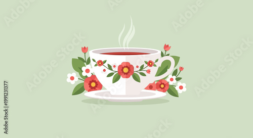 Floral Tea Cup International Tea Day Flat Vector Illustration