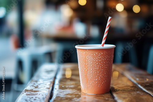 Iced coffee drink in disposable cup and paper straw in cafe with rainy bokeh background. Takeaway concept.