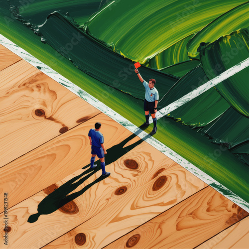 Referee Showing Red Card to Soccer Player on Stylized Football Field With Wooden Texture, Conceptual Sports Illustration