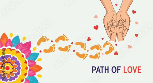A path of footprints leading to hands holding hearts with floral elements.