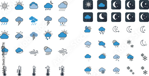 Weather icon vector set featuring 50 symbols for meteorology including sun moon clouds rain snow and temperature gauges in a flat style