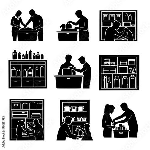 Set of Silhouettes Showing People Organizing Home Storage and Decluttering Rooms