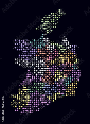 Ireland, shape of the country build of colored cells. Digital style map of the Ireland on dark background. Small size circle blocks. Abstract vector illustration.