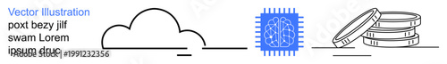 Digital transformation, finance, cloud storage, AI technology, big data, security. Image a cloud, chip and coins. Focus on cloud computing and digital finance innovations