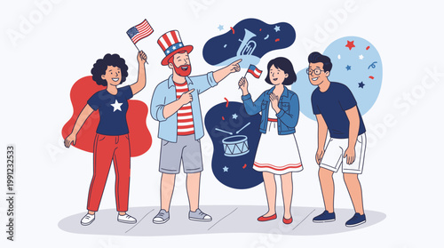 Group of Friends Celebrating Independence Day with Flags and Fireworks in a Festive Atmosphere