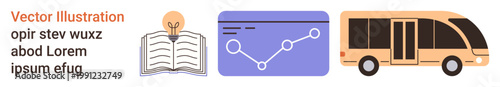 Education, data visualization, transportation services, learning tools, progress insights, mobility solutions. Open book, graph ion and bus icon. Education and data visualization concept