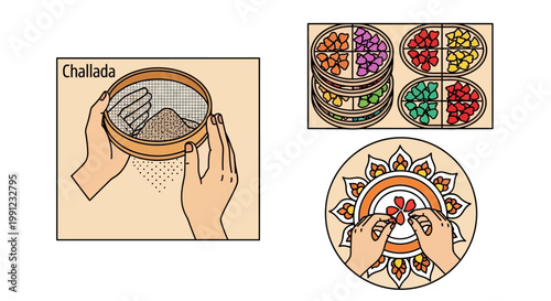 Illustration showing traditional Indian rangoli making process with sieve and flower petals.