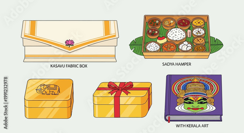 Set of decorative Indian festive gift boxes and traditional souvenir packaging.