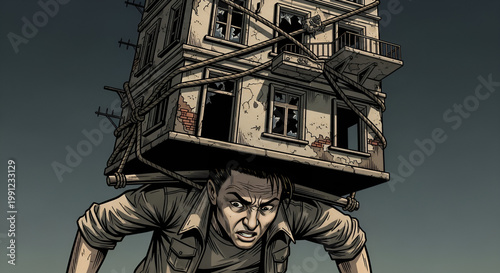 Man Carrying Burden of Ruined Building on Shoulders.