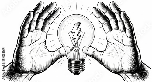 Hands surrounding a glowing light bulb with a lightning bolt inside.