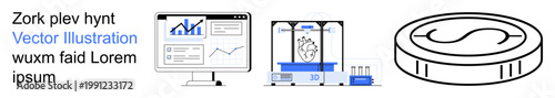 Data analysis, technology trends, cryptocurrency, financial growth, 3D printing, digital design. Graphs on a computer, a 3D printer and a coin icon. Data analysis and technology trends concept