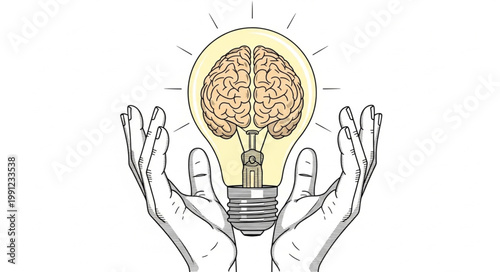 Human Brain Inside Light Bulb Held by Hands Symbolizing Idea.