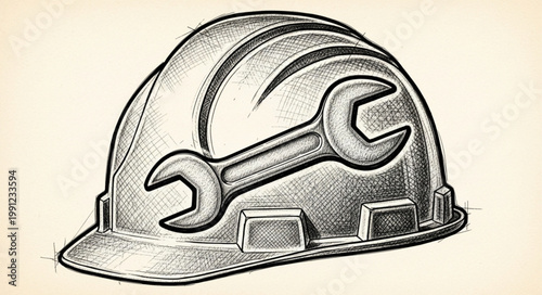 Hard Hat with Wrench Symbol Illustration.