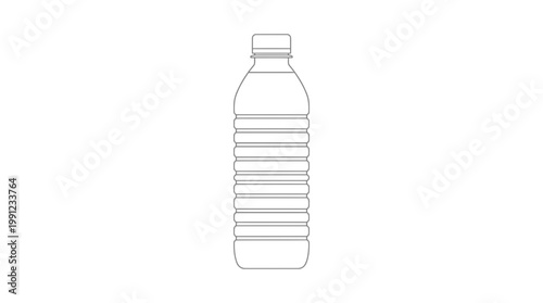 Minimalist line art illustration of a plastic mineral water bottle outline on a clean white background, ideal for branding mockups, recycling campaigns and beverage industry graphics