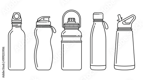 Minimalist black and white line art vector icons of various reusable water bottles and sports flasks on white background, ideal for hydration awareness, fitness blogs and eco-friendly branding
