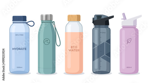 Set of reusable water bottles including stainless steel and BPA-free plastic containers with different lids on white background, ideal for fitness marketing, eco lifestyle and product advertising