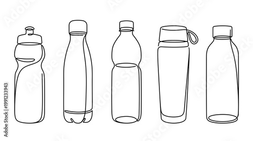 Set of various reusable water bottle shapes in continuous line art drawing style on white background, ideal for eco-friendly lifestyle blogs, sports gear marketing and sustainable product packaging