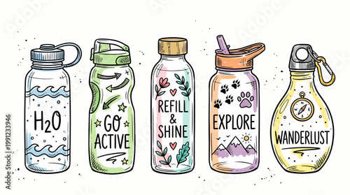 Hand drawn collection of reusable water bottles with motivational quotes and doodles, ideal for sustainable lifestyle blogs, eco-friendly product marketing and hydration awareness
