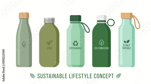 Set of reusable water bottles in various shades of green with eco-friendly icons and sustainable lifestyle text on white background, ideal for environmental awareness, zero waste and branding